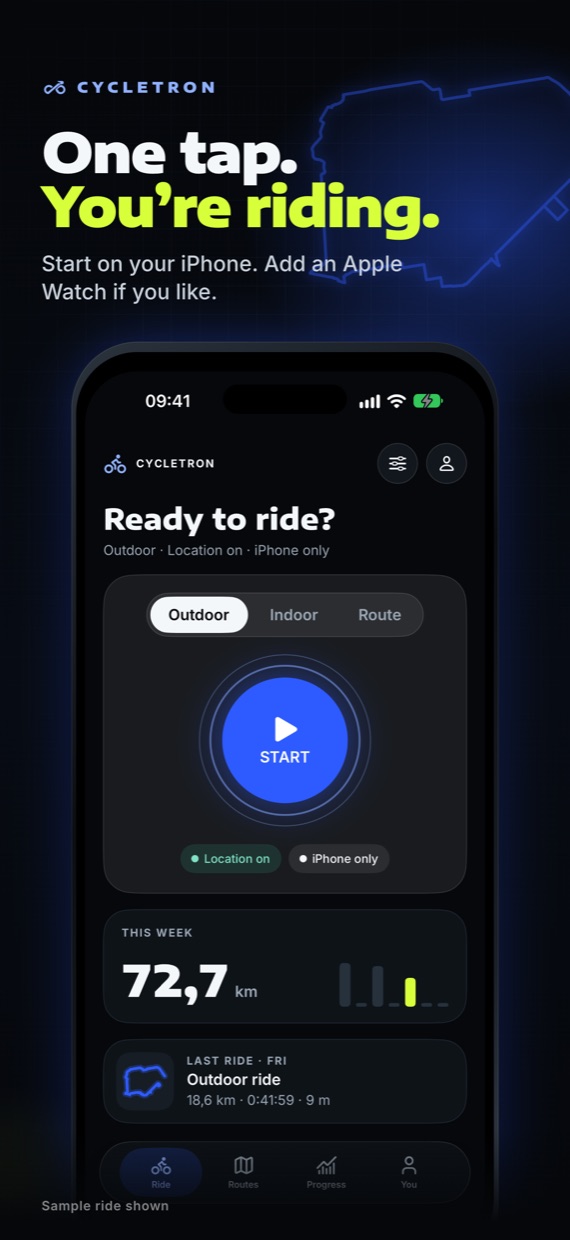 One tap, you’re riding: CycleTron Ride home with a single Start button.