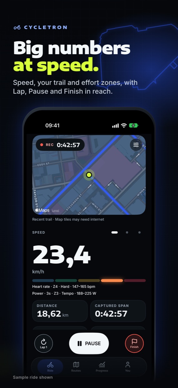 Big numbers at speed: the live ride screen with speed, map trail and effort zones.