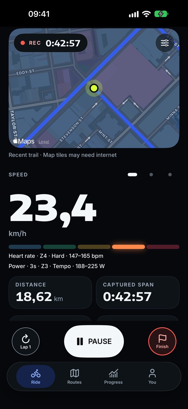 CycleTron live ride screen: 27 km/h hero speed, map trail, heart-rate zone bar, Lap, Pause and Finish.