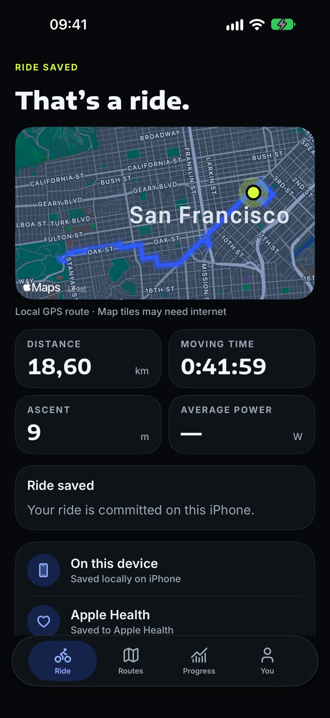 CycleTron ride saved screen listing iPhone, Apple Health and backup status.