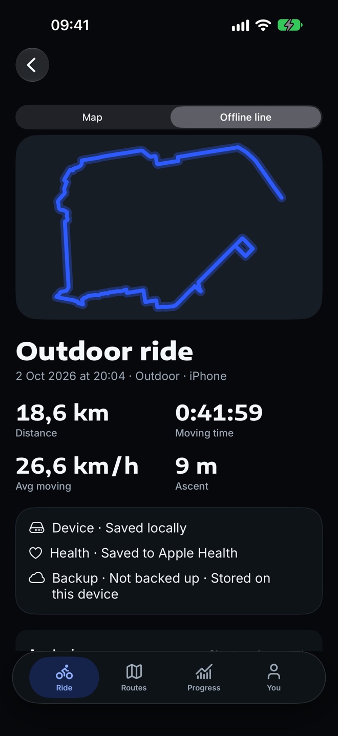 CycleTron ride summary with route map and metrics.
